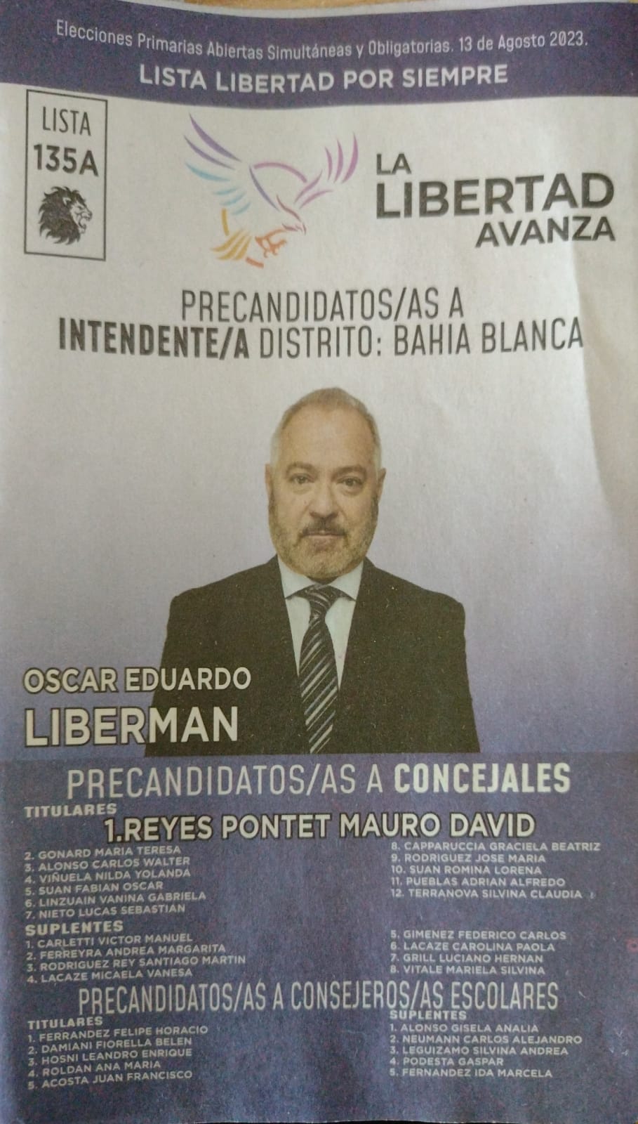 Boleta electoral de Oscar Liberman para las paso 2023